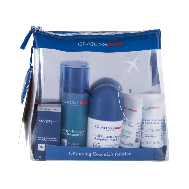 Clarins Men Geschenkset Antitranspirant 50 ml + Feuchtigkeitsgel Super Moisture 50 ml + Duschgel 30 ml + Reinigungsgel 30 ml + Augenserum 3 ml + Kosmetiktasche