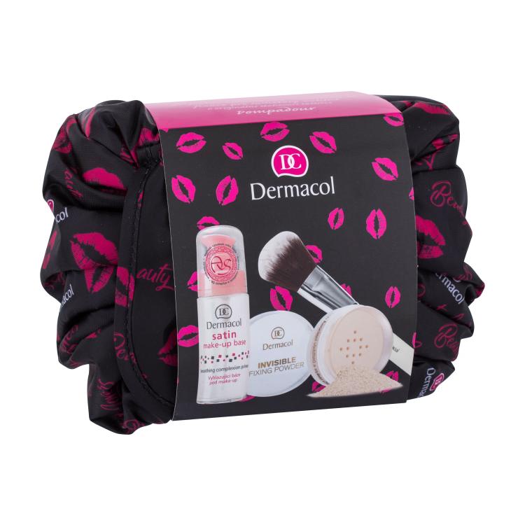 Dermacol Satin Geschenkset Make-up Base 30 ml + Fixing Powder Invisible 13 g Light + Kosmetikpinsel Master 1 St. + Kosmetiktasche