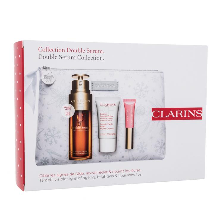 Clarins Double Serum Collection Geschenkset Gesichtsserum Double Serum 50 ml + Gesichtsbalsam Beauty Flash Balm 15 ml + Lip Gloss Natural Lip Perfector 5 ml 01 Rose Shimmer + Kosmetiktasche