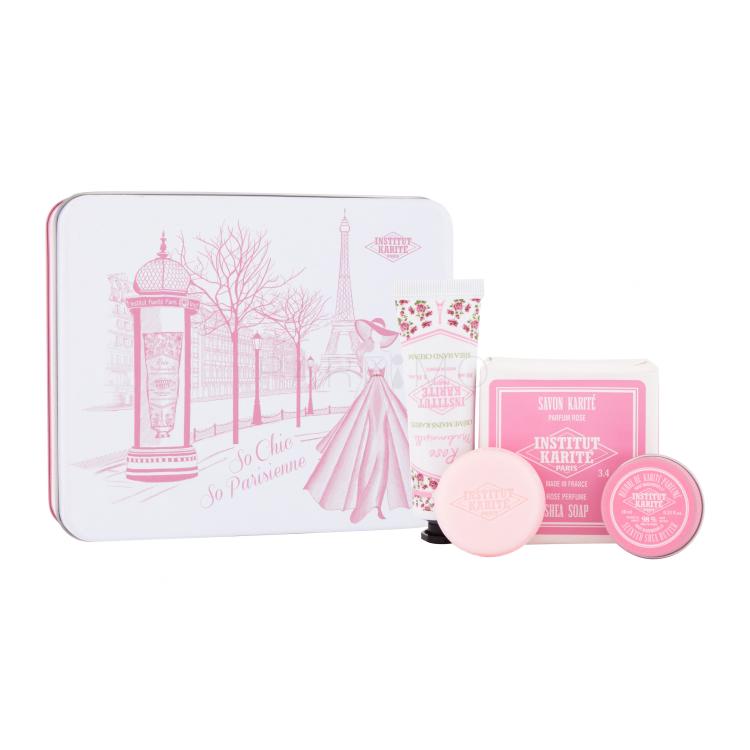 Institut Karité Light Hand Cream Rose Mademoiselle Geschenkset Handcreme Light Hand Cream Rose Mademoiselle 30 ml + Seife Shea Soap Rose Mademoiselle 100 g + tuhé mýdlo Shea Soap Rose Mademoiselle 1 ks + Universal Körperbutter Scented Shea Butter Rose Mademoiselle 10 ml + Blechdose