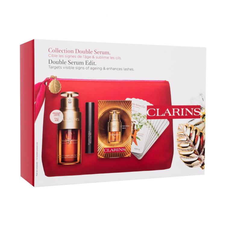 Clarins Double Serum Geschenkset Gesichtsserum Double Serum 30 ml + Augenserum Double Serum Eye 7 x 0,9 ml + Wonder Perfect Mascara 4D 3 ml 01 Perfect Black + Kosmetiketui