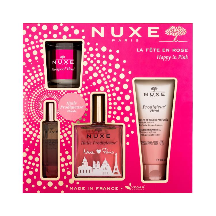 NUXE Happy In Pink Geschenkset Trockenöl Huile Prodigieuse Florale 100 ml + Duschöl Prodigieux Floral 100 ml + Eau de Parfum Prodigieux Floral 15 ml + Duftkerze Prodigieux Floral 70 g