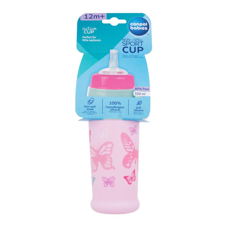 Canpol babies Active Cup Non-Spill Sport Cup Butterfly Pink Trinkbecher für Kinder 350 ml