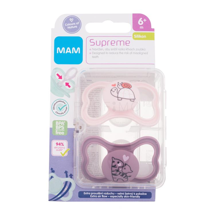 MAM Supreme Silicone Pacifier 6m+ Pink &amp; Violet Schnuller für Kinder 2 St.