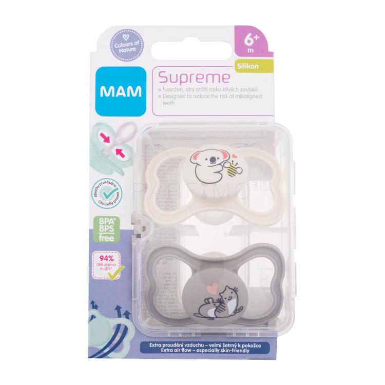 MAM Supreme Silicone Pacifier 6m+ White &amp; Grey Schnuller für Kinder 2 St.