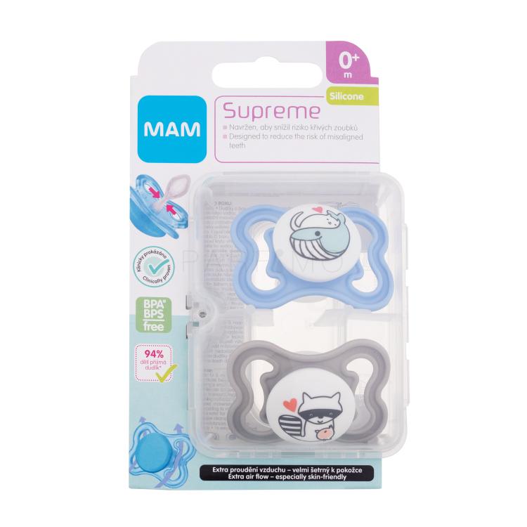 MAM Supreme Silicone Pacifier 0m+ Blue &amp; Grey Schnuller für Kinder 2 St.