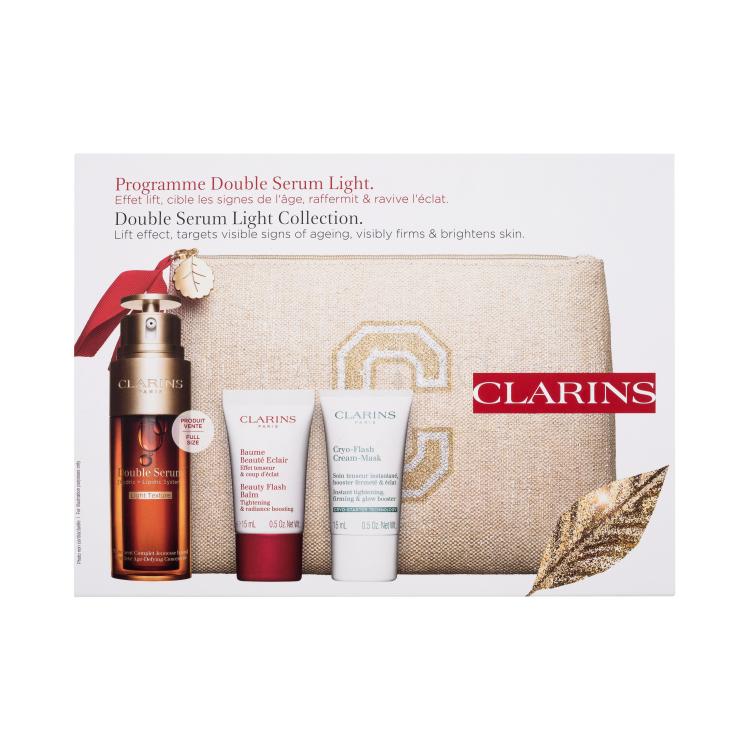 Clarins Double Serum Light Collection Geschenkset Gesichtsserum Double Serum Light Texture 50 ml + Hautbalsam Beauty Flash Balm 15 ml + Gesichtscreme-Maske Cryo-Flash Cream-Mask 15 ml + Umweltfreundliche Kosmetiktasche