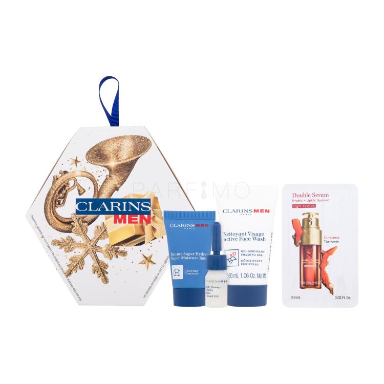 Clarins Men Essentials Geschenkset Reinigungsgel Men Active Face Wash 30 ml + Gesichtsbalsam Men Super Moisture Balm 12 ml + Rasieröl Men Shave And Beard Oil 3 ml + Gesichtsserum Double Serum Light Texture 0,9 ml