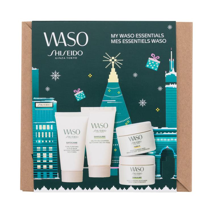 Shiseido Waso My Waso Essentials Geschenkset Reinigungsgel Shikulime Gel-To-Oil Cleanser 30 ml + Feuchtigkeitscreme Shikulime Mega Hydrating Moisturizer 15 ml + Peelingmaske Satocane Pore Purifyting Scrub Mask 30 ml + Nachtpflegemaske Yuzu-C Beauty Sleeping Mask 15 ml