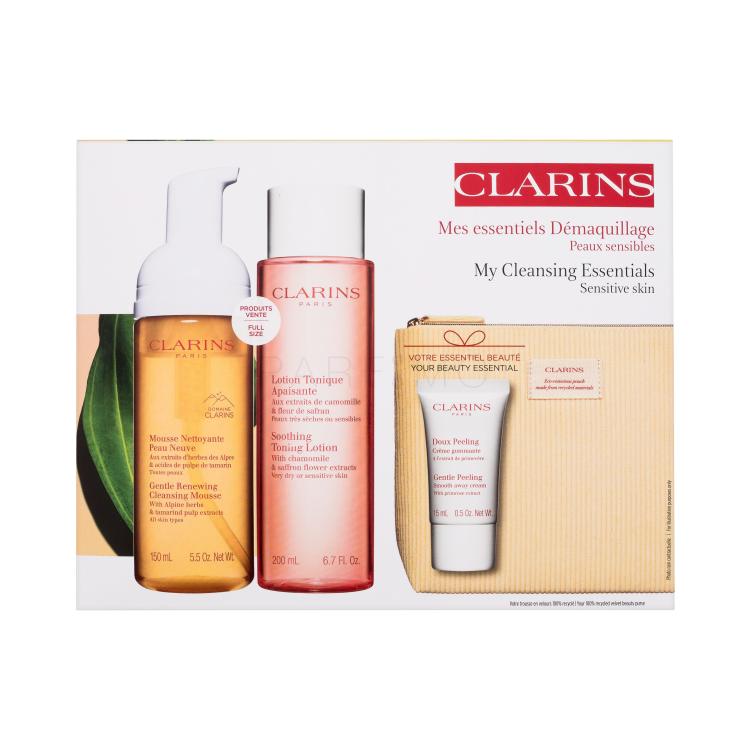 Clarins My Cleansing Essentials Sensitive Skin Geschenkset Gesichtsreinigungsschaum Gentle Renewing Cleansing Mousse 150 ml + Gesichtstonikum Soothing Toning Lotion 200 ml + Gesichtspeeling Gentle Peeling 15 ml + Öko-Kosmetiktasche