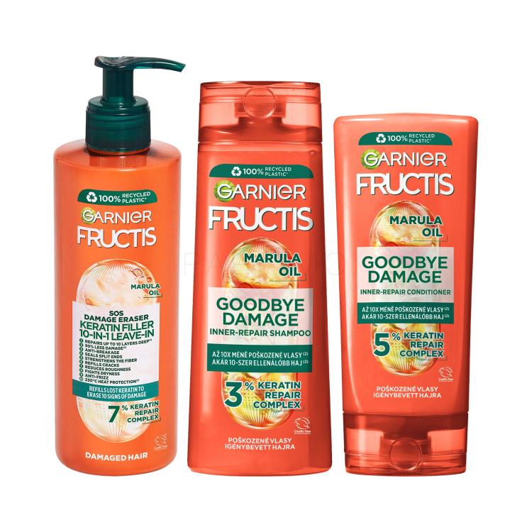 Set Shampoo Garnier Fructis Goodbye Damage Repairing Shampoo + Conditioner Garnier Fructis Goodbye Damage Repairing Conditioner + Haarserum Garnier Fructis SOS Damage Eraser Keratin Filler 10-In-1 Leave-In