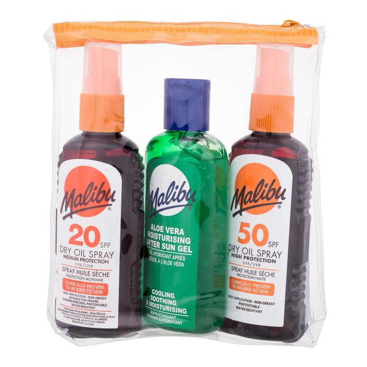 Malibu Travel Pack Geschenkset Trockenes Sonnenöl Dry Oil Spray SPF50 100 ml + Trockenes Sonnenöl Dry Oil Spray SPF20 + Aloe Vera Moisturising After Sun Gel 100 ml