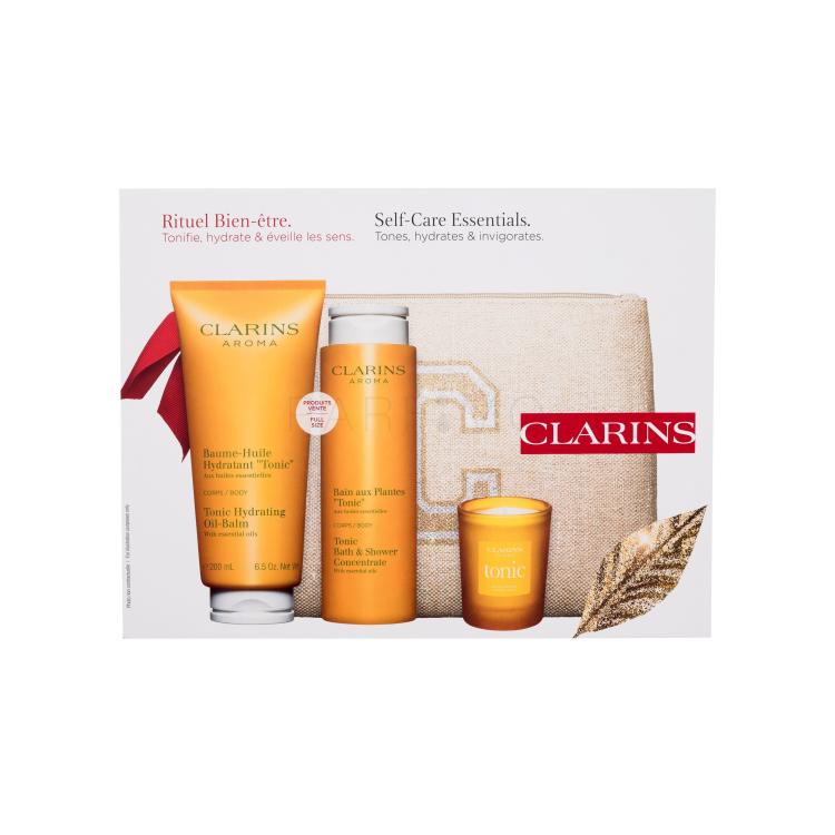 Clarins Aroma Self-Care Essentials Geschenkset Körperbalsam Tonic Hydrating Oil-Balm 200 ml + Duschgel Tonic Bath &amp; Shower Concentrate 200 ml + Kerze 35 g + Kosmetiktasche