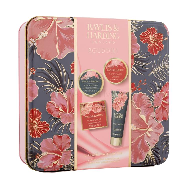 Baylis &amp; Harding Boudoire Tropical Paradise Luxury Pamper Tin Geschenkset Körperbutter 50 ml + Duschcreme 50 ml + Seife 50 g + Hand- und Nagelcreme 50 ml + Dose