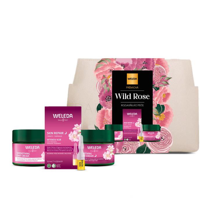 Weleda Wild Rose &amp; White Tea Premium Brightening Care Geschenkset Tagescreme Wild Rose &amp; White Tea Smoothing Day Cream 40 ml + Nachtcreme Wild Rose &amp; White Tea Smoothing Night Cream 40 ml + Nachtpflegekur Wild Rose Skin Repair 7 Nights Intensive Treatment 5,6 ml + Kosmetiktasche