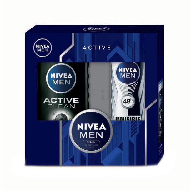 Nivea Men Active Clean Geschenkset Duschgel 250 ml + Antiperspirant Invisible For Black &amp; White 48h 150 ml + universelle Creme 30 ml